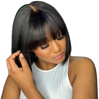 Yoyo Crown human hair straight bob wig with bangs and HD lace, featuring a sleek black finish on a model.
