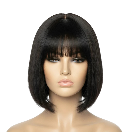 Yoyo Crown black human hair straight bob wig with bangs on a mannequin head, featuring a natural HD lace middle part.