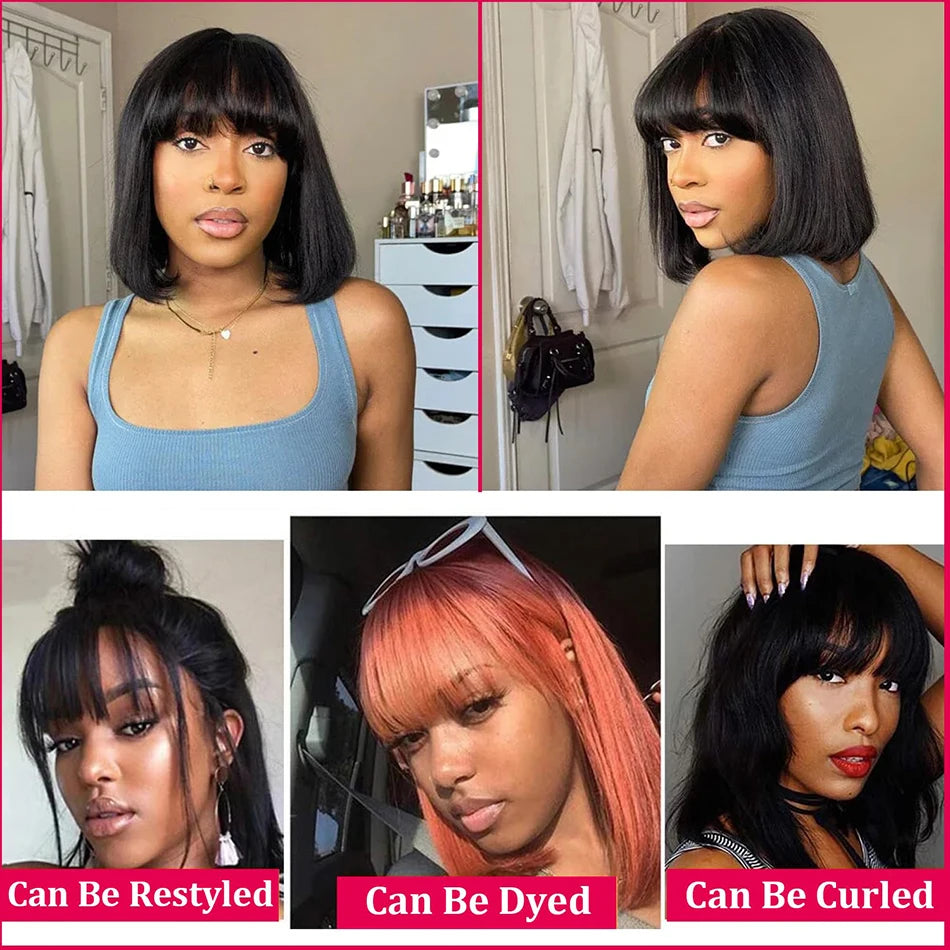 Yoyo Crown human hair straight bob wig with bangs shown in black and orange styles on a model