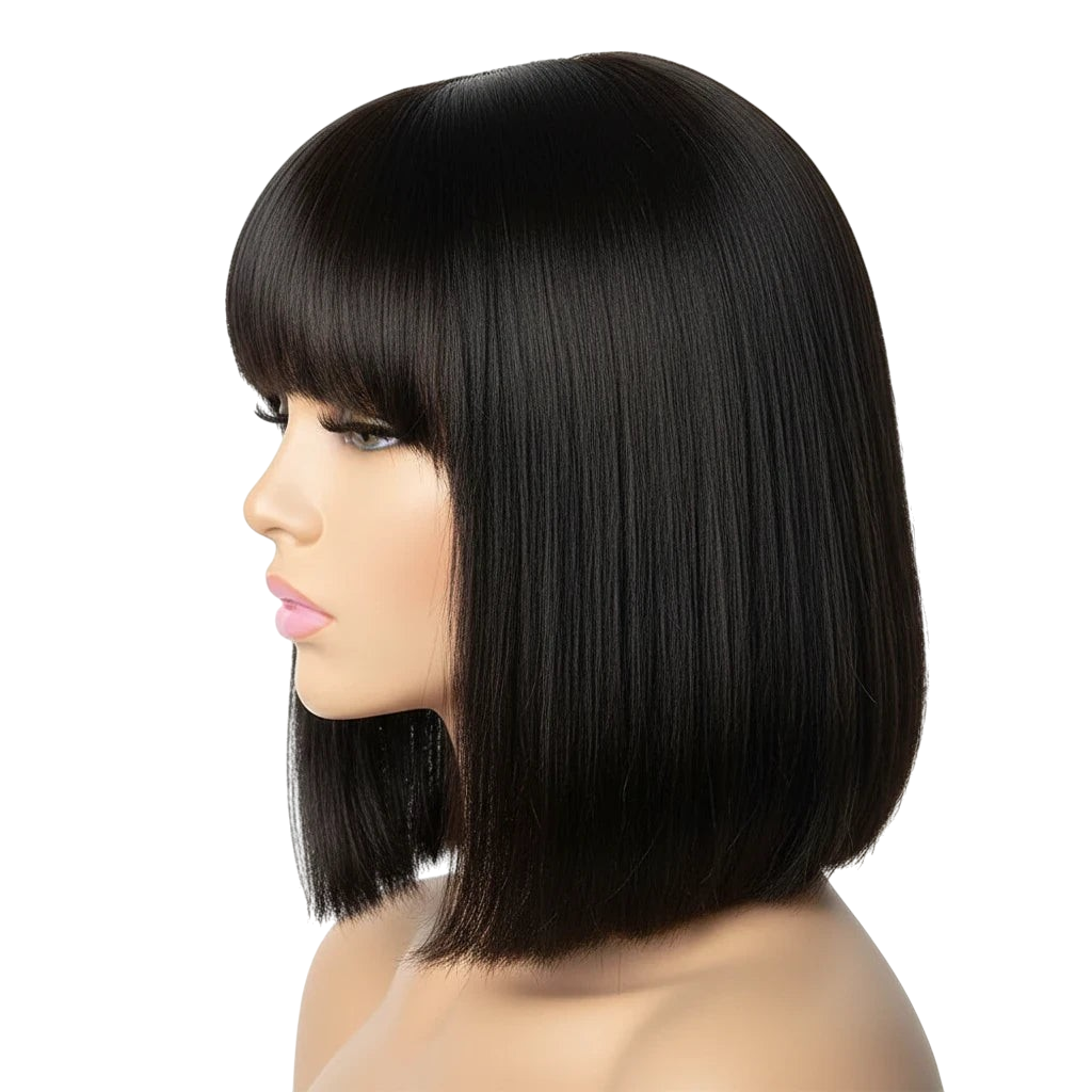 Yoyo Crown human hair straight bob wig with bangs in black, featuring HD lace for a natural hairline on a mannequin.