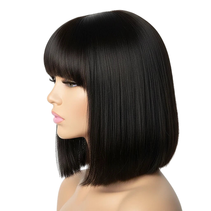 Yoyo Crown human hair straight bob wig with bangs in black, featuring HD lace for a natural hairline on a mannequin.