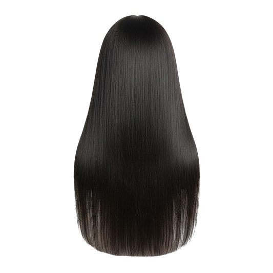 Yoyo Crown glueless straight human hair wig on a mannequin head, showing a sleek black back view.