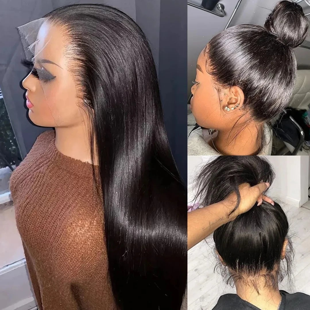 Yoyo Crown 30 inch straight human hair lace front wig in natural black with a transparent lace hairline.