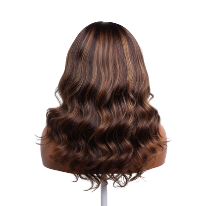 Yoyo Crown wavy human hair wig with brown and honey blonde highlights on a mannequin head, back view