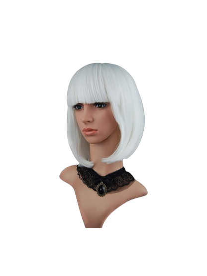 Yoyo Crown white synthetic short bob wig with straight bangs on a mannequin head wearing a black lace choker