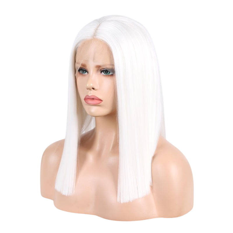 Yoyo Crown straight white synthetic lace front bob wig on a mannequin head with a natural-looking hairline.