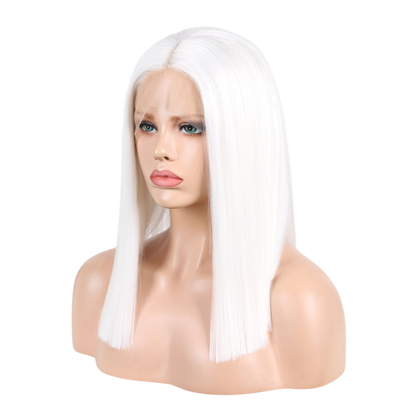 Yoyo Crown straight white synthetic lace front bob wig on a mannequin head with a natural-looking hairline.