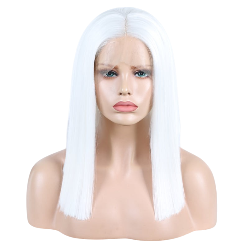 Yoyo Crown straight white synthetic lace front bob wig on a mannequin head with a natural-looking hairline.