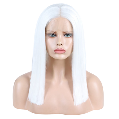 Yoyo Crown straight white synthetic lace front bob wig on a mannequin head with a natural-looking hairline.