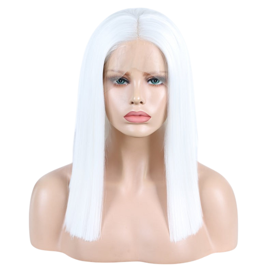 Yoyo Crown straight white synthetic lace front bob wig on a mannequin head with a natural-looking hairline.