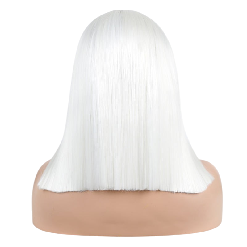 Yoyo Crown white synthetic lace front bob wig shown from the back on a mannequin head