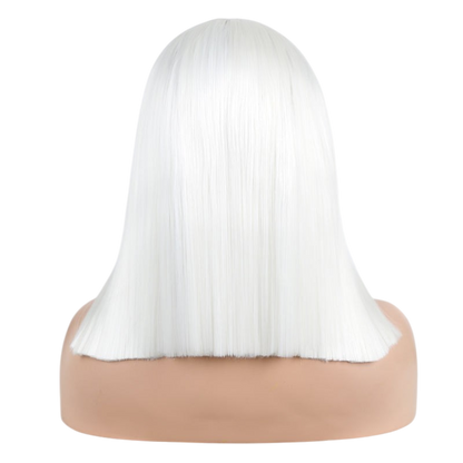 Yoyo Crown white synthetic lace front bob wig shown from the back on a mannequin head