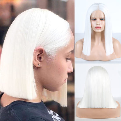 Yoyo Crown straight white synthetic lace front bob wig with a natural-looking hairline on a mannequin and model.