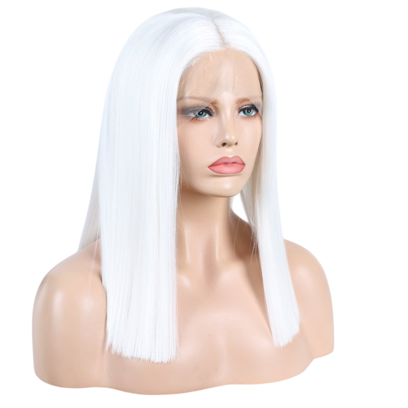 Yoyo Crown straight white synthetic lace front bob wig on a mannequin head with a natural-looking hairline