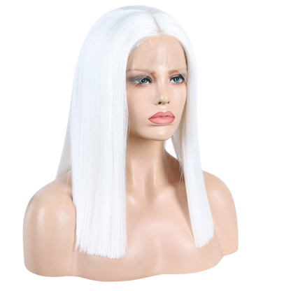 Yoyo Crown straight white synthetic lace front bob wig on a mannequin head with a natural-looking hairline