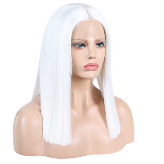 Yoyo Crown straight white synthetic lace front bob wig on a mannequin head with a natural-looking hairline