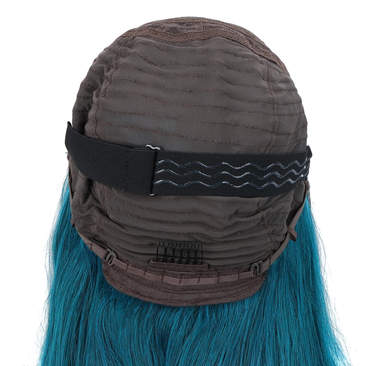 Yoyo Crown wig cap interior showing adjustable elastic strap, combs, and dark green hair strands from the back view.