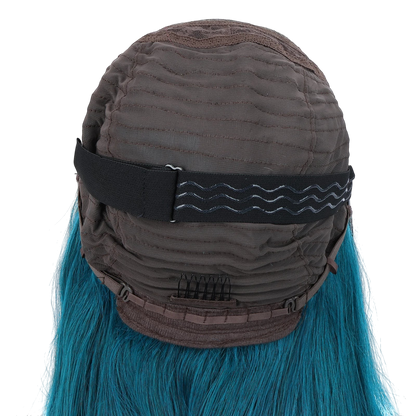 Yoyo Crown wig cap interior showing adjustable elastic strap, combs, and dark green hair strands from the back view.