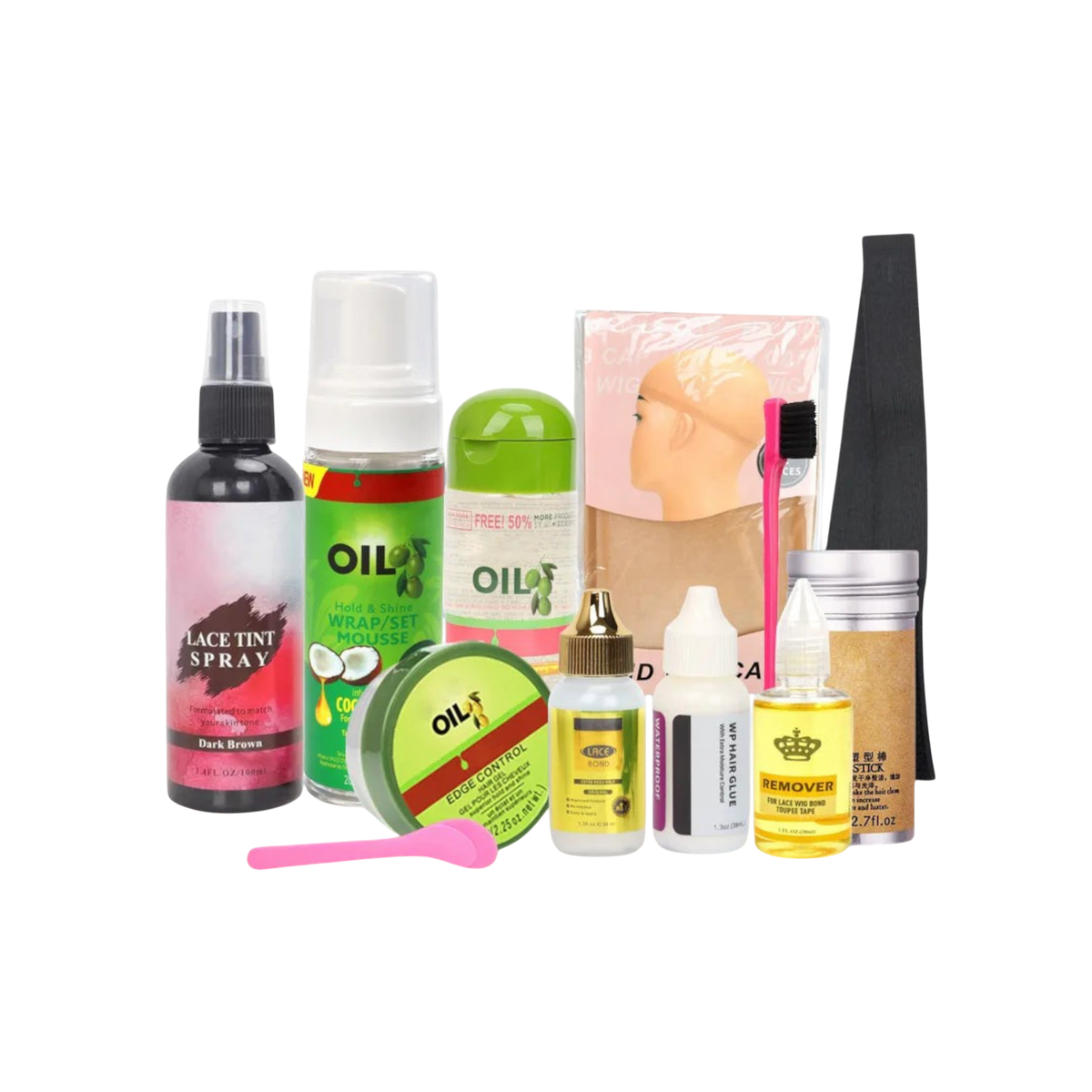Yoyo Crown 12-piece wig installation kit with dark brown lace tint spray, edge control, glue, and styling tools.