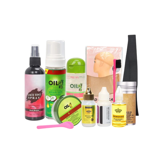Yoyo Crown 12-piece wig installation kit with dark brown lace tint spray, edge control, glue, and styling tools.
