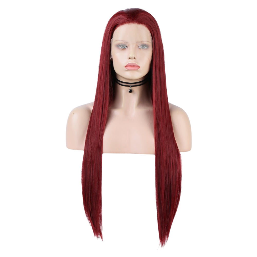 Yoyo Crown long straight wine red synthetic lace front wig on a mannequin head with a black choker necklace.