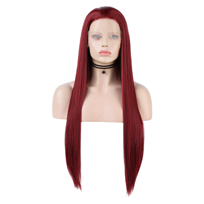 Yoyo Crown long straight wine red synthetic lace front wig on a mannequin head with a black choker necklace.