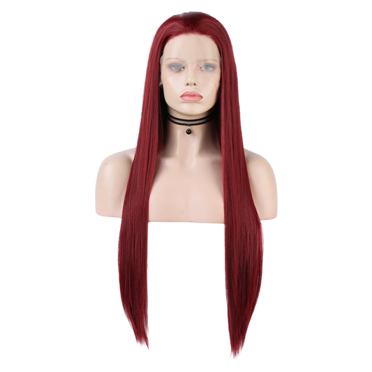 Yoyo Crown long straight wine red synthetic lace front wig on a mannequin head with a black choker necklace.