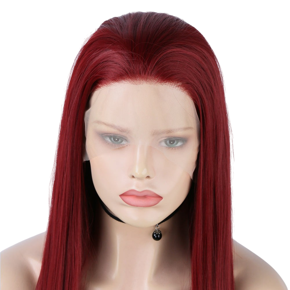 Yoyo Crown long straight wine red synthetic lace front wig on a mannequin head with a natural-looking hairline