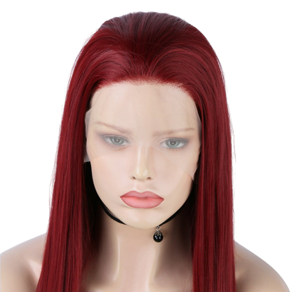 Yoyo Crown long straight wine red synthetic lace front wig on a mannequin head with a natural-looking hairline