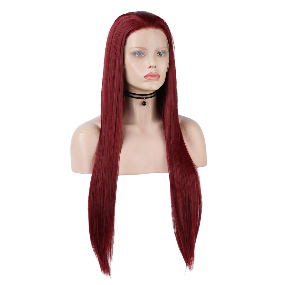 Yoyo Crown wine red long straight synthetic lace front wig on a mannequin head with a natural hairline
