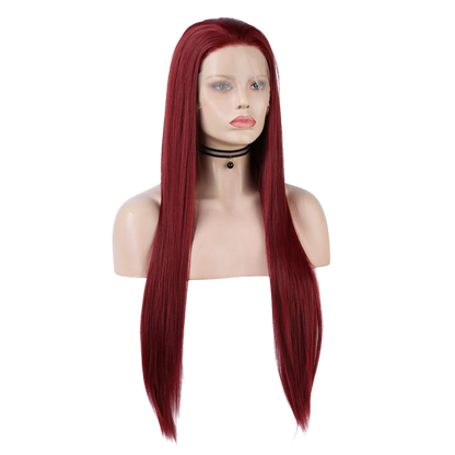 Yoyo Crown wine red long straight synthetic lace front wig on a mannequin head with a natural hairline