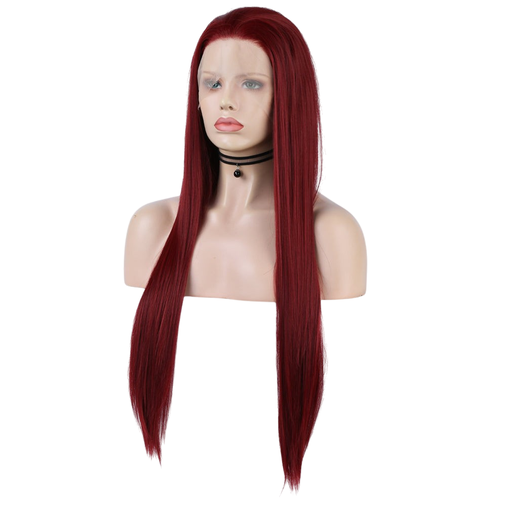 Yoyo Crown long straight wine red synthetic lace front wig on a mannequin head with a natural hairline