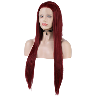 Yoyo Crown long straight wine red synthetic lace front wig on a mannequin head with a natural hairline